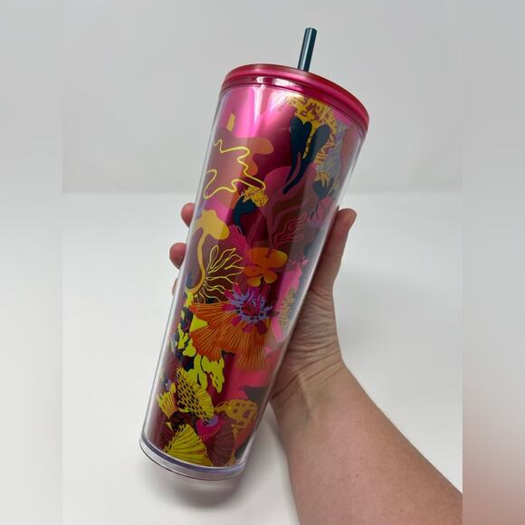 NWT Starbucks Fall 2023 Pink Ocean & Forest Floral Venti Cold Tumbler - Picture 1 of 6